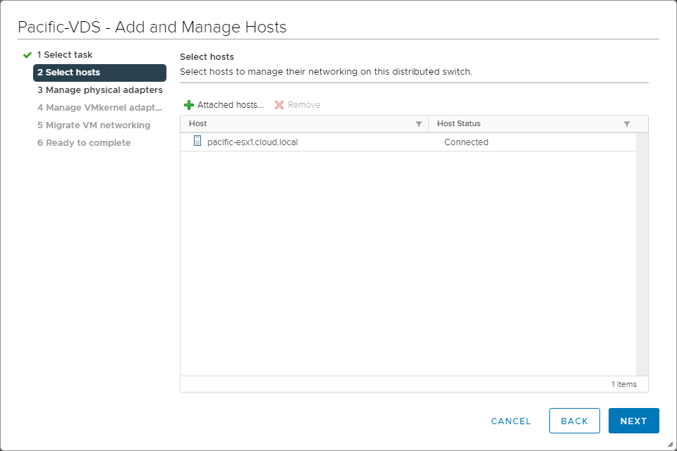 Selecting a single ESXi host for migration from VSS to Vds