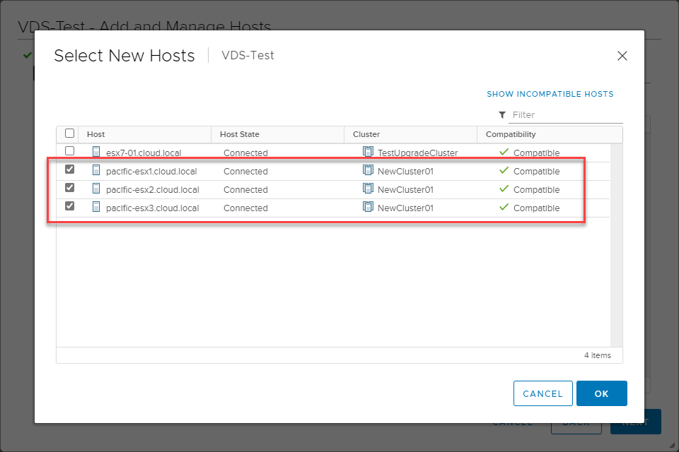 Selecting the ESXi hosts to add to the new vSphere Distributed Switch