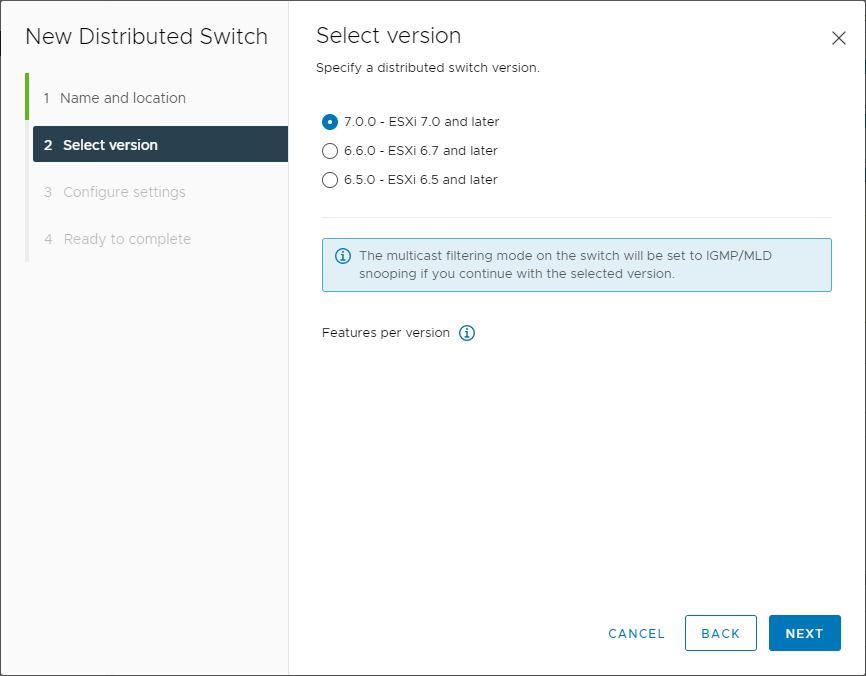 Selecting the version of the vSphere Distributed Switch