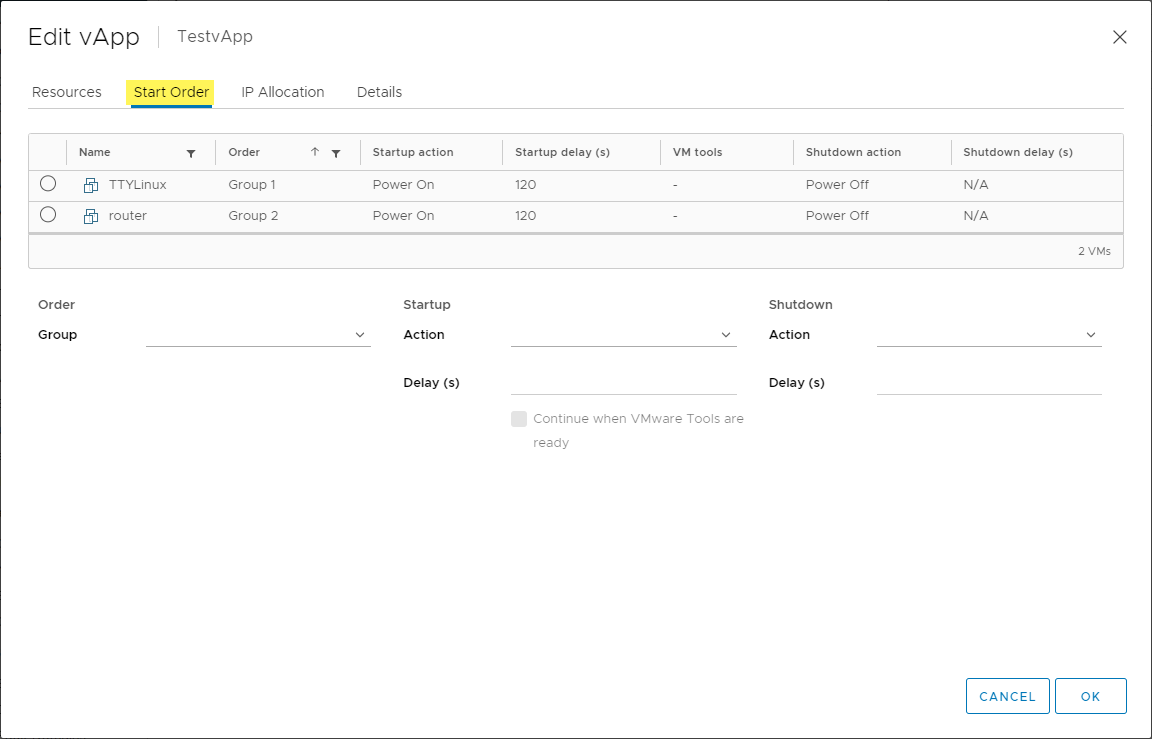 Start order configured in the vApp