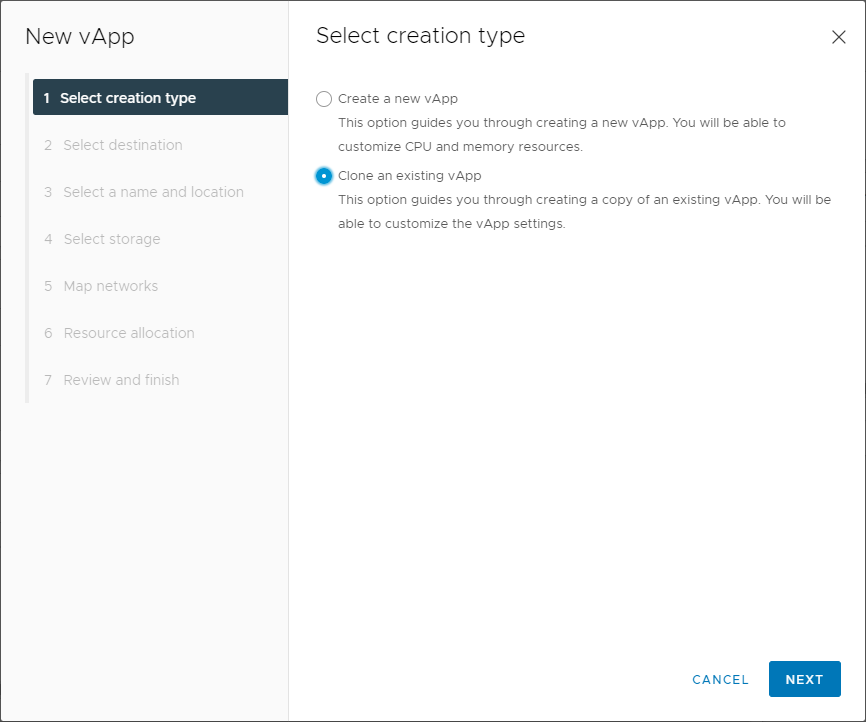 Beginning the process to clone a VMware vApp