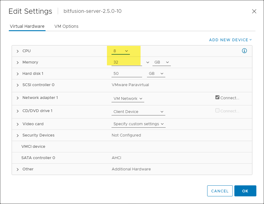 The default configuration of the Bitfusion Server appliance