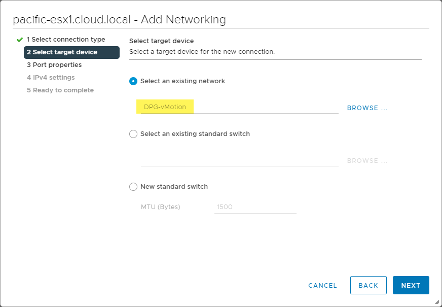 The target device for the VMkernel Network Adapter is selected