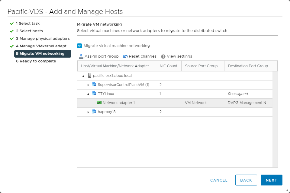 The virtual machine destination port group has been assigned