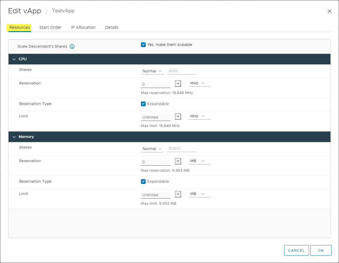 Viewing the resources configuration for a specific vApp