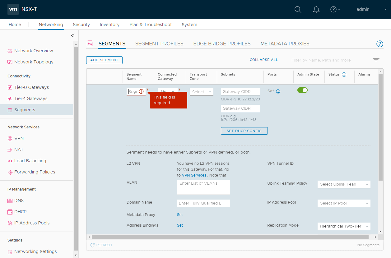 Adding virtual network segments in NSX-T