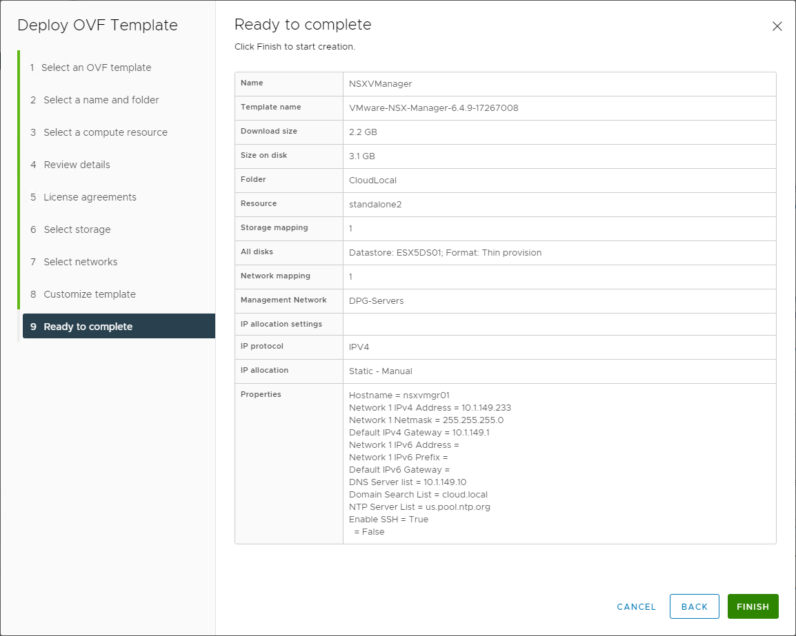 Ready to complete and finalize the VMware NSX-V Manager appliance deployment