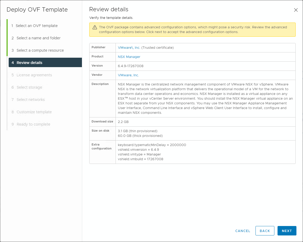 Review the details of the VMware NSX-V Manager deployment